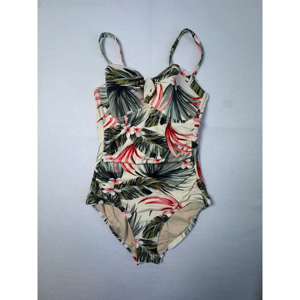 Tropical Kona Sol Womens Small One Piece‎ Swimsuit Cream Floral Ruched Pique Tie